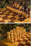 Jeu d’échecs russe en bois avec échiquier-coffret sculpté – Roi de 8,5 cm (très bon état)